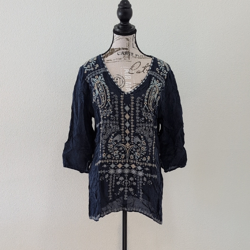Johnny Was Dark Blue Embroidered Blouse